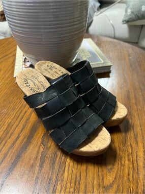 Kork-Ease Black Woven Leather Cork Wedge Mules